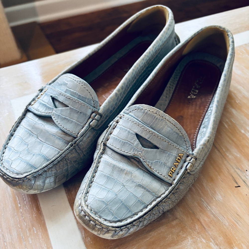 Prada Light Blue Loafers Snake Crocodile Skin